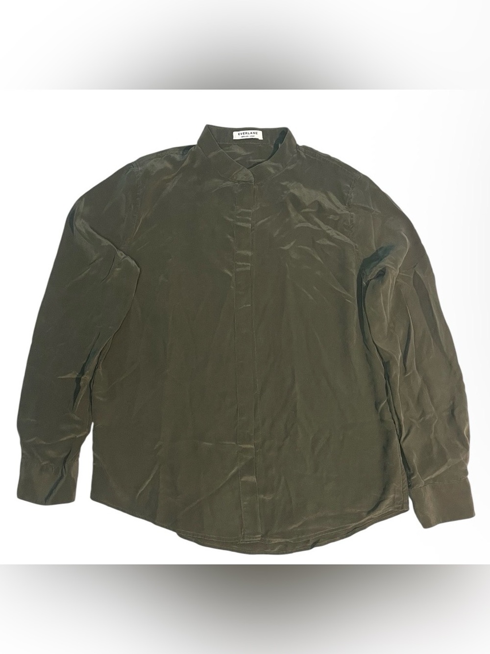 Everlane Blouse 100% Silk Olive Green Band-Collar Button-Down Shirt